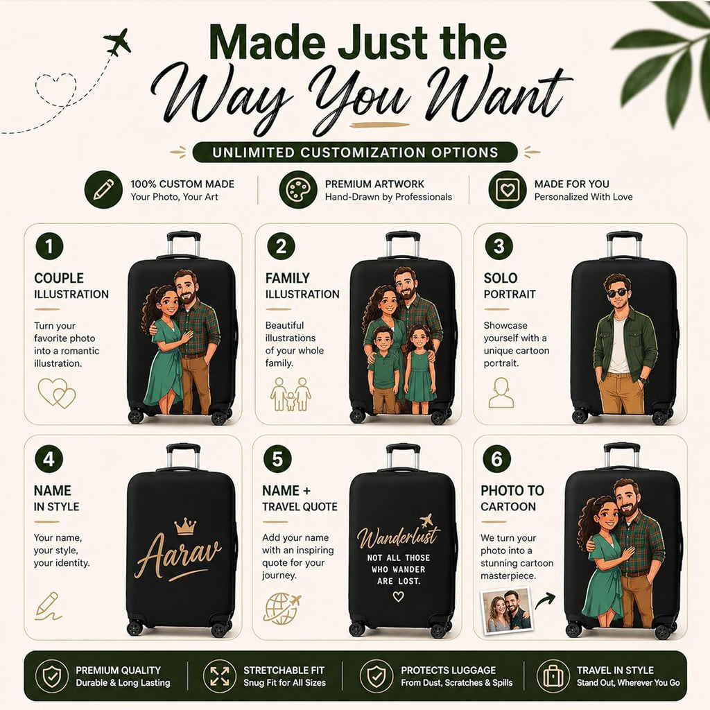 WanderWraps Custom Luggage Cover – Personalized Photo to Cartoon Travel Suitcase Cover | Stretchable Spandex Polyester | Dustproof, Washable, Anti-Scratch