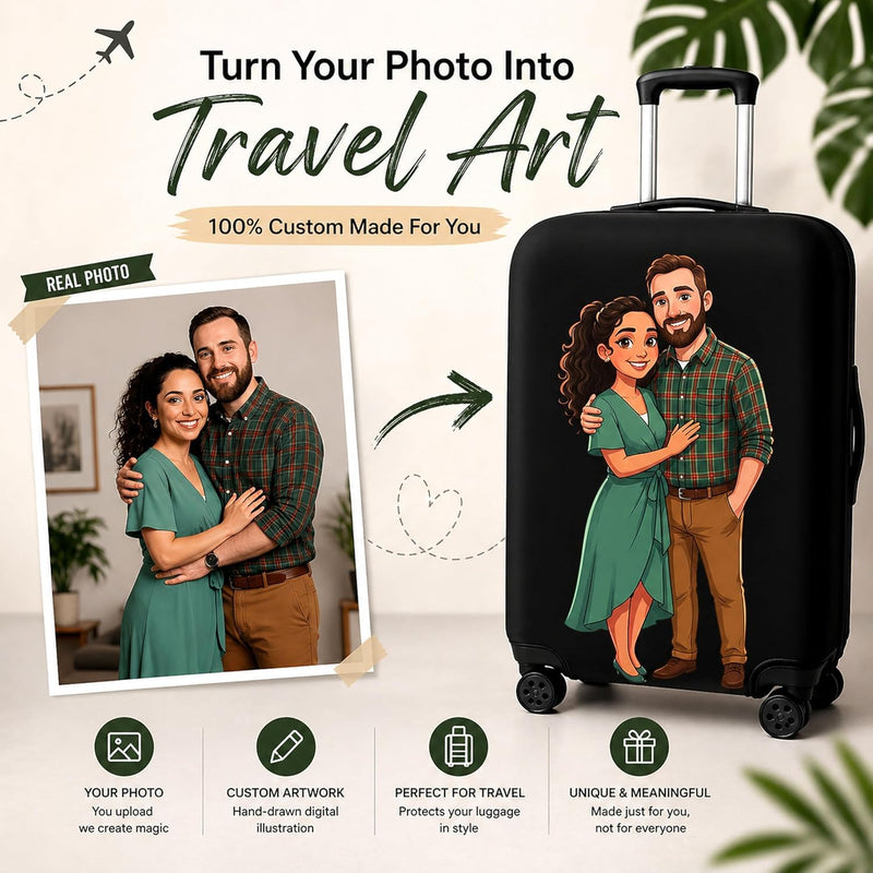 WanderWraps Custom Luggage Cover – Personalized Photo to Cartoon Travel Suitcase Cover | Stretchable Spandex Polyester | Dustproof, Washable, Anti-Scratch