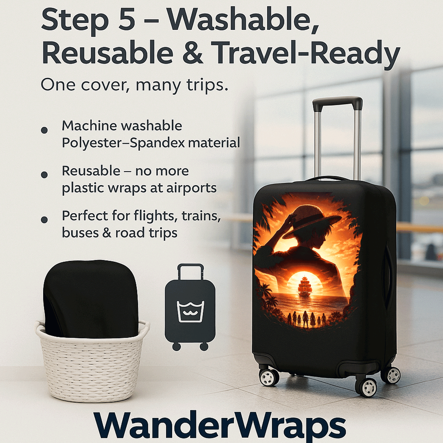 WanderWraps Spendex Polyester Protective Luggage Cover | Hard Luggage Trolley Bag Cover | Washable | Dust Proof | Stretchable | Pirate Odyssey_