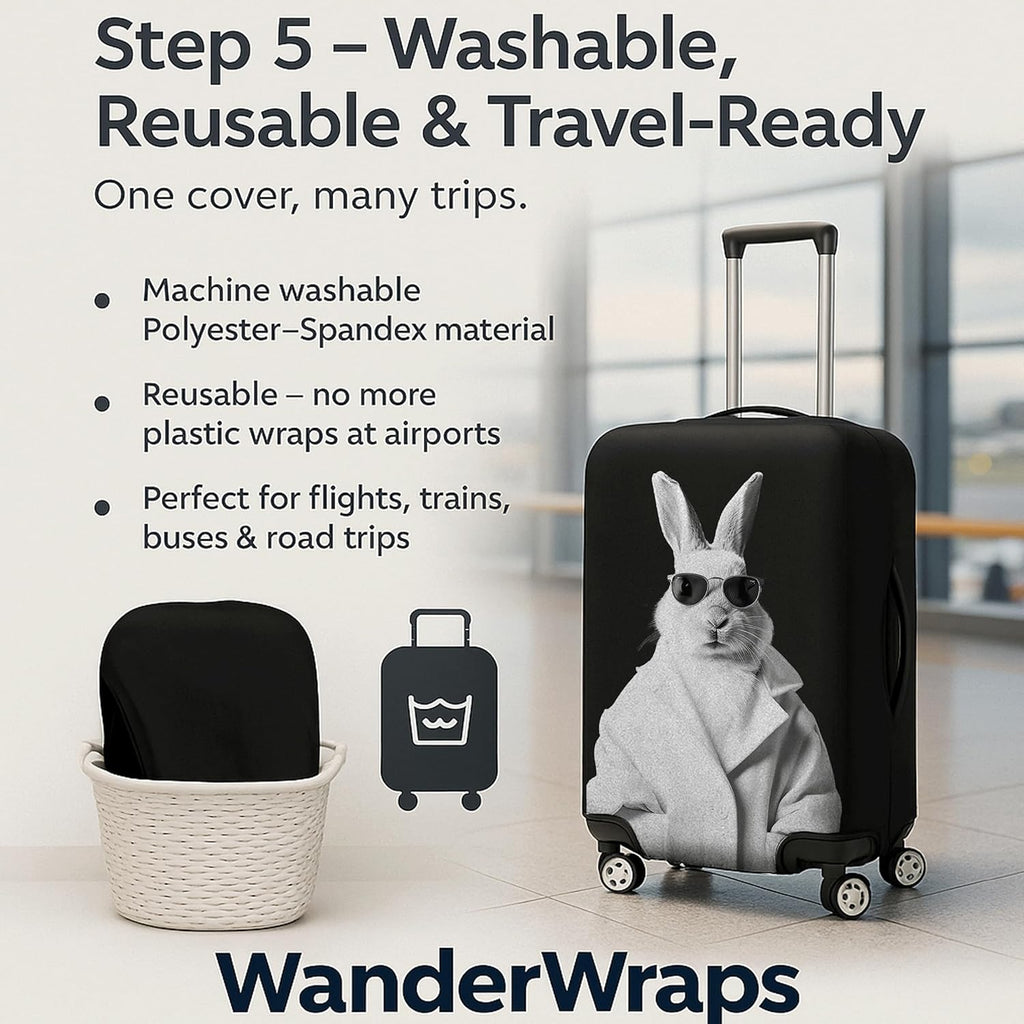 WanderWraps Spendex Polyester Protective Luggage Cover | Hard Luggage Trolley Bag Cover | Washable | Dust Proof | Stretchable | S - 20 inch | Blanc Bunny