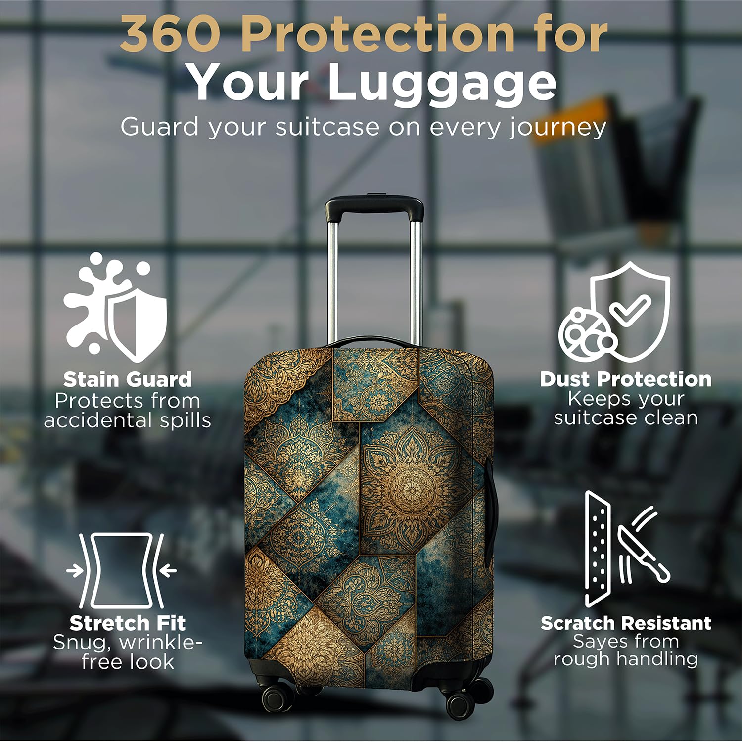 WanderWraps Spendex Polyester Protective Luggage Cover | Hard Luggage Trolley Bag Cover | Washable | Dust Proof | Stretchable | Royal - Printedd