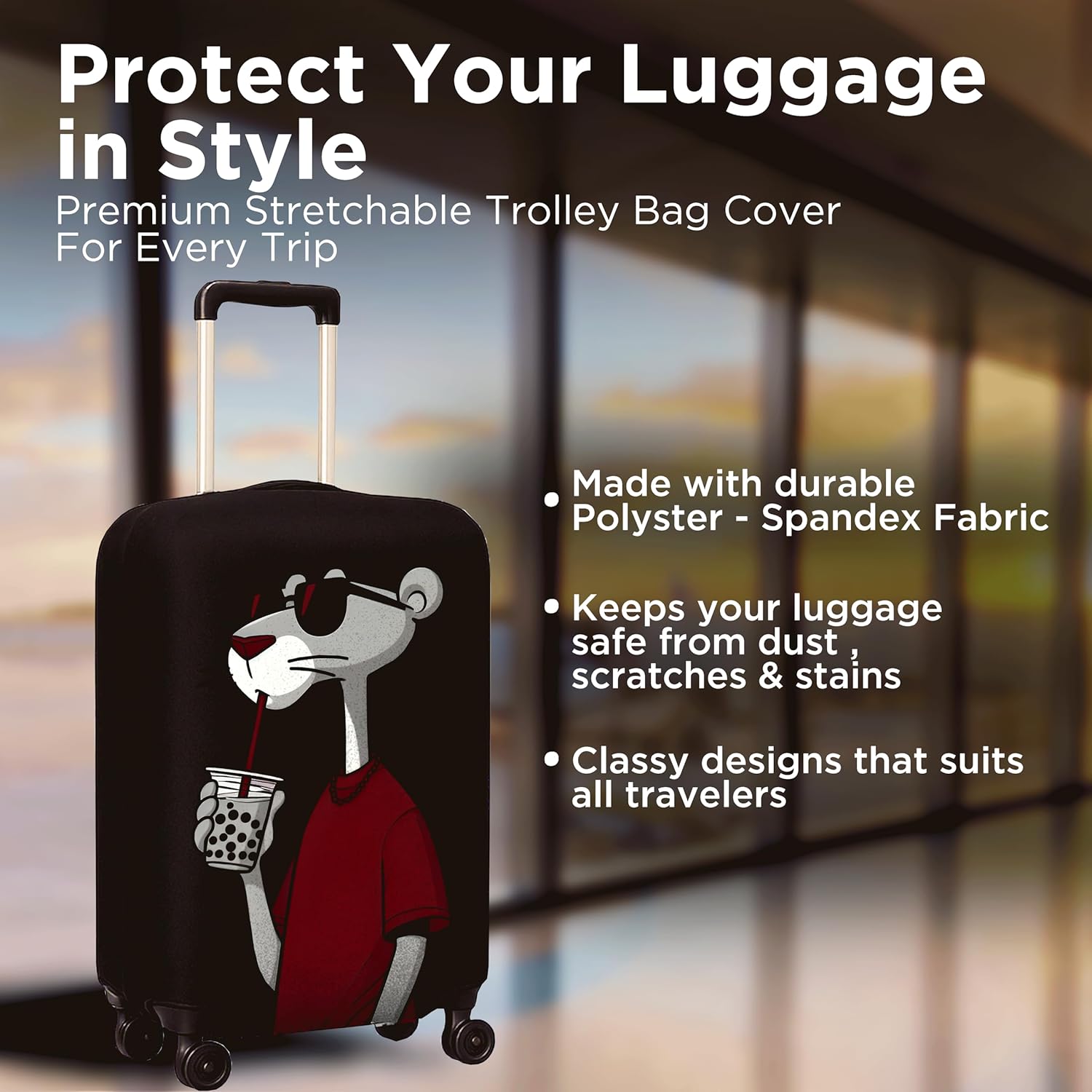 WanderWraps Spendex Polyester Protective Luggage Cover | Hard Luggage Trolley Bag Cover | Washable | Dust Proof | Stretchable | S - 20 inch | Dip Panther