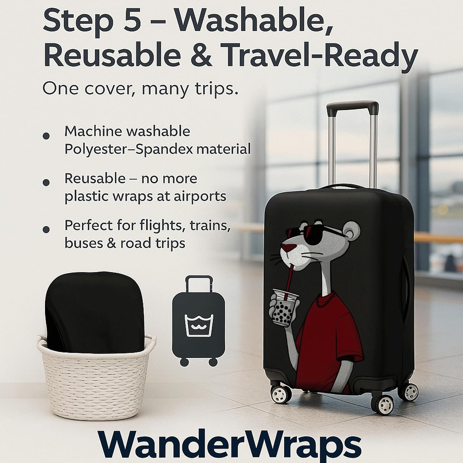 WanderWraps Spendex Polyester Protective Luggage Cover | Hard Luggage Trolley Bag Cover | Washable | Dust Proof | Stretchable | S - 20 inch | Dip Panther