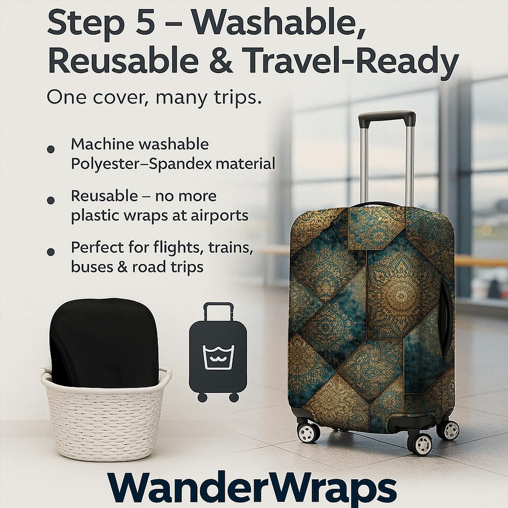 WanderWraps Spendex Polyester Protective Luggage Cover | Hard Luggage Trolley Bag Cover | Washable | Dust Proof | Stretchable | Royal - Printedd
