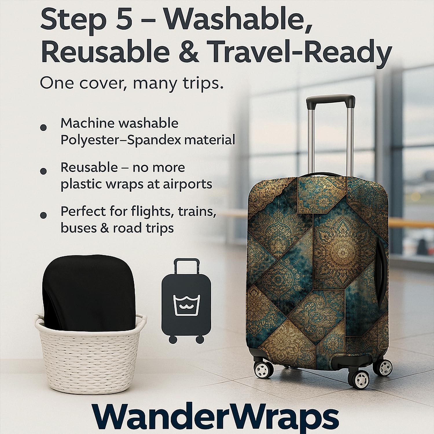 WanderWraps Spendex Polyester Protective Luggage Cover | Hard Luggage Trolley Bag Cover | Washable | Dust Proof | Stretchable | Royal - Printedd