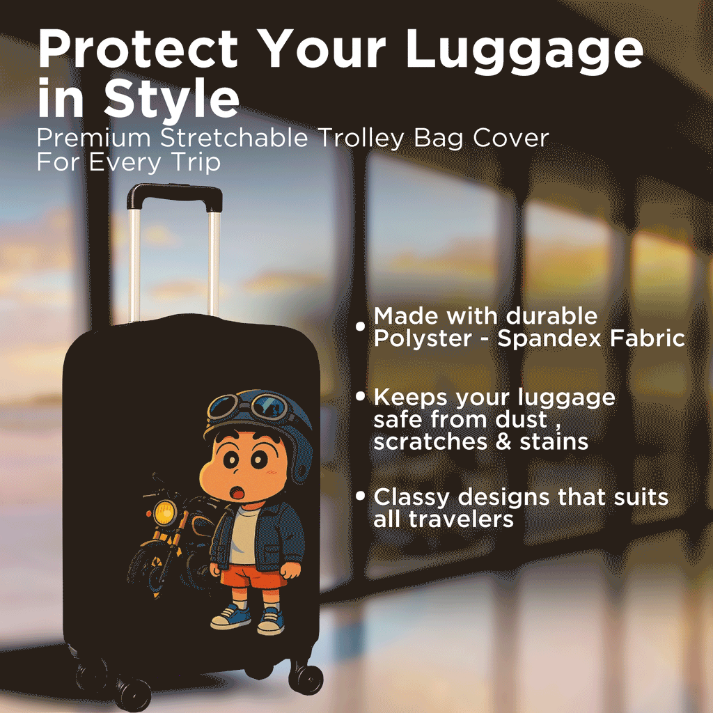 WanderWraps Spendex Polyester Protective Luggage Cover | Hard Luggage Trolley Bag Cover | Washable | Dust Proof | Stretchable | M - 24 inch | Biker boy