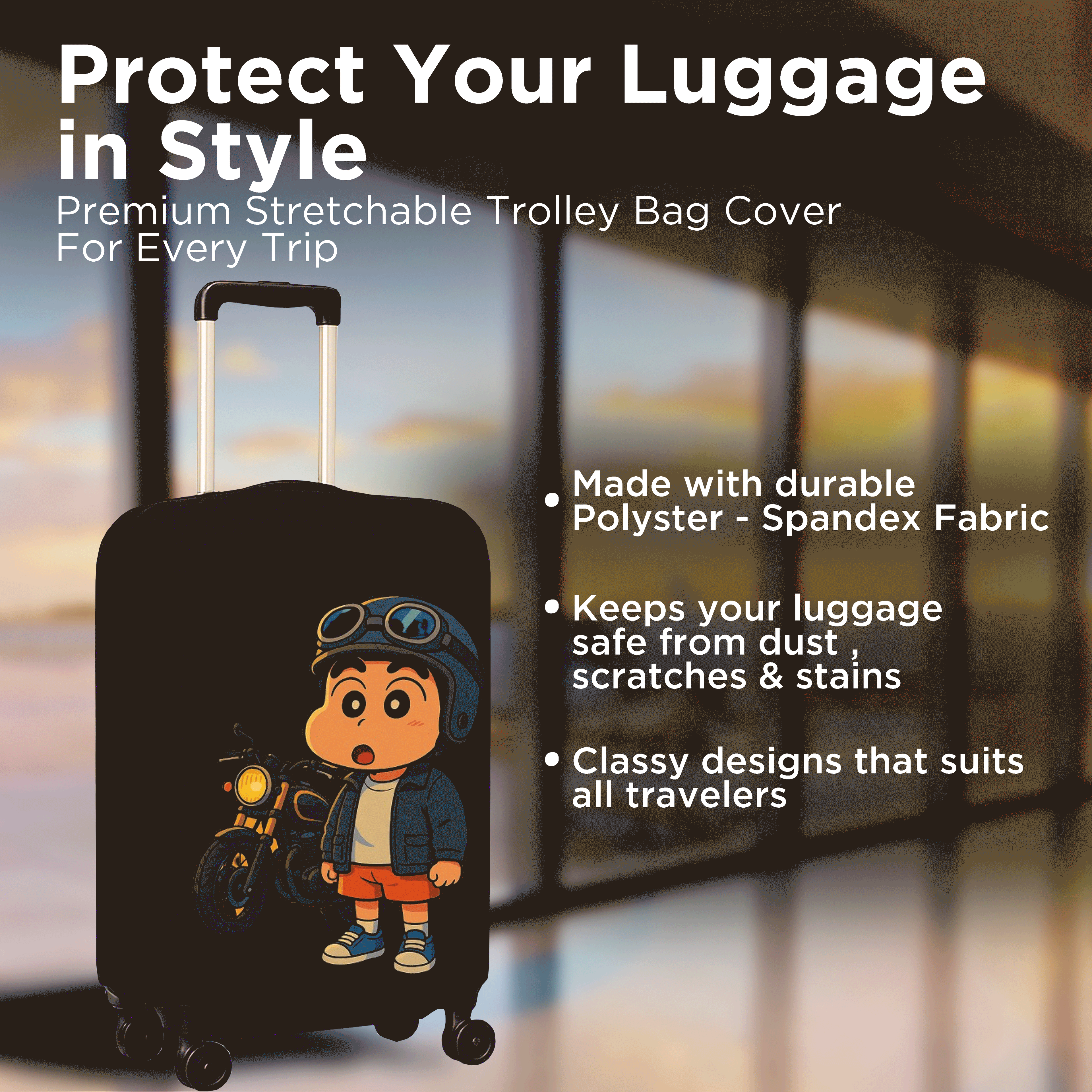 WanderWraps Spendex Polyester Protective Luggage Cover | Hard Luggage Trolley Bag Cover | Washable | Dust Proof | Stretchable | M - 24 inch | Biker boy