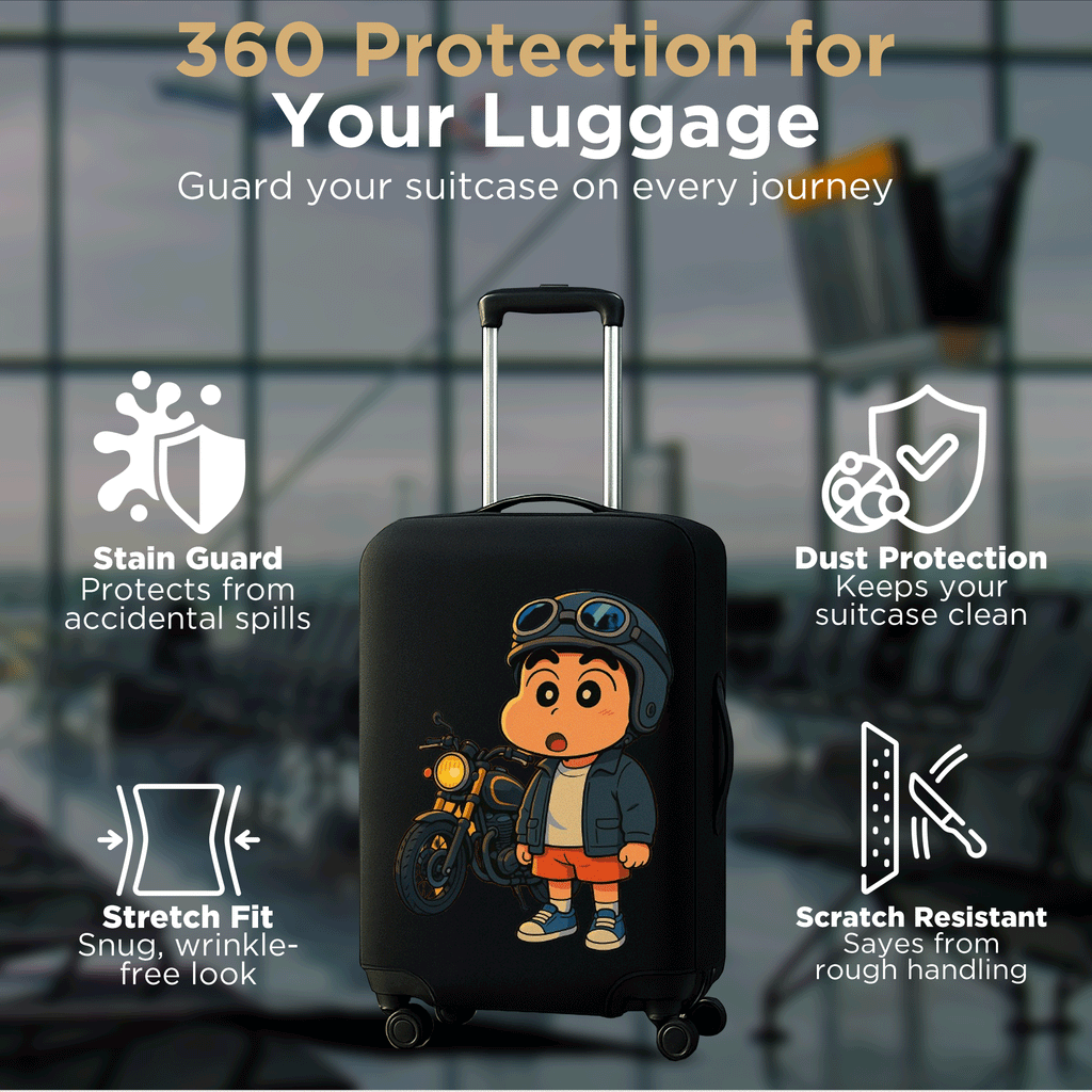 WanderWraps Spendex Polyester Protective Luggage Cover | Hard Luggage Trolley Bag Cover | Washable | Dust Proof | Stretchable | M - 24 inch | Biker boy