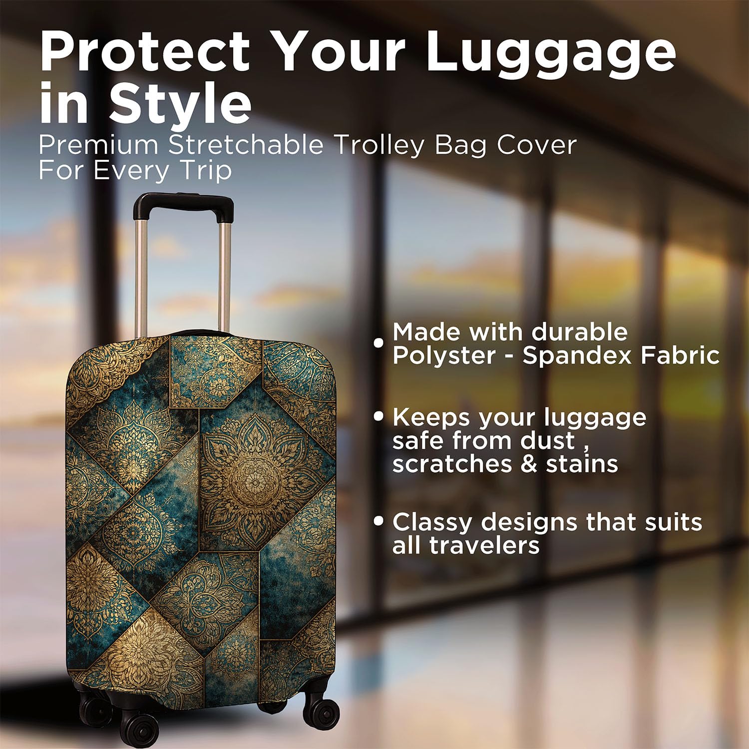 WanderWraps Spendex Polyester Protective Luggage Cover | Hard Luggage Trolley Bag Cover | Washable | Dust Proof | Stretchable | Royal - Printedd